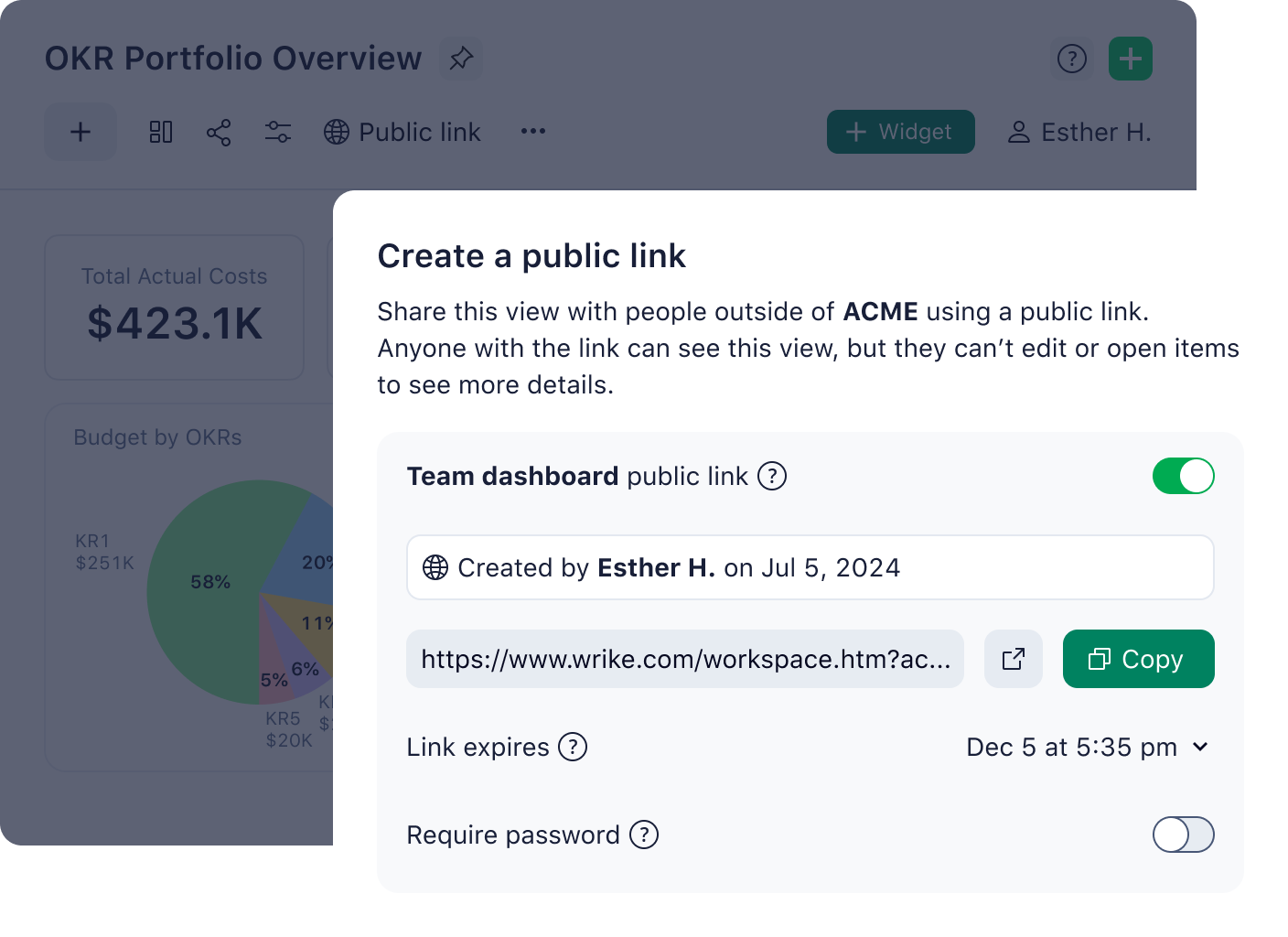 Wrike dashboard sharing dialog with public link URL, expiration options, and copy button.